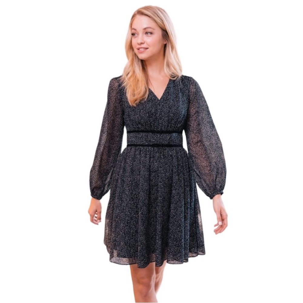 GAL MEETS GLAM Skylar Dress Size 8 Black Flocked Chiffon Balloon Sleeve Pockets
